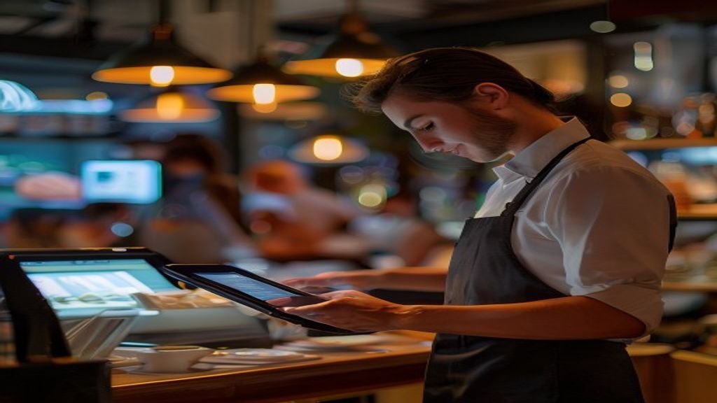 Restaurant POS system software dashboard showing orders, payments, and inventory management on a touchscreen screen